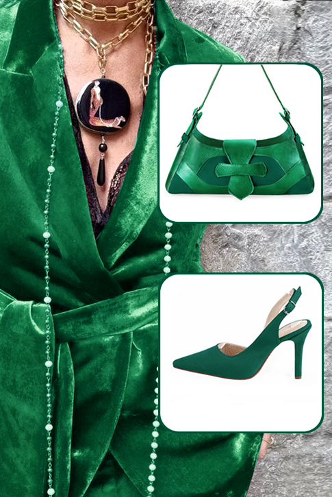 Women's emerald green elegant slingback heels. Pointed toe. High slim heel - Worn view